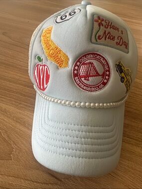 Anthropologie light Blue Patchwork Pearl Trim Baseball Cap